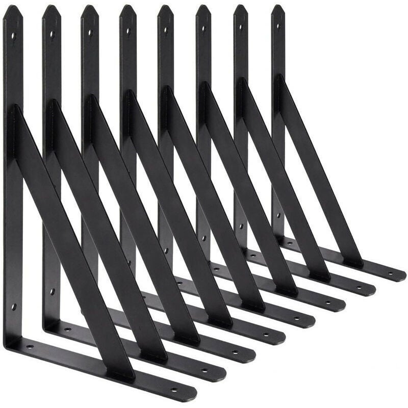 BR-Vie Equerre Etagere Murale, 8 Pcs Supports Triangulaires de 90 Degrés en Acier, Équerres Étagères 200mm x 120mm, Support d'angle Brace (Noir)-