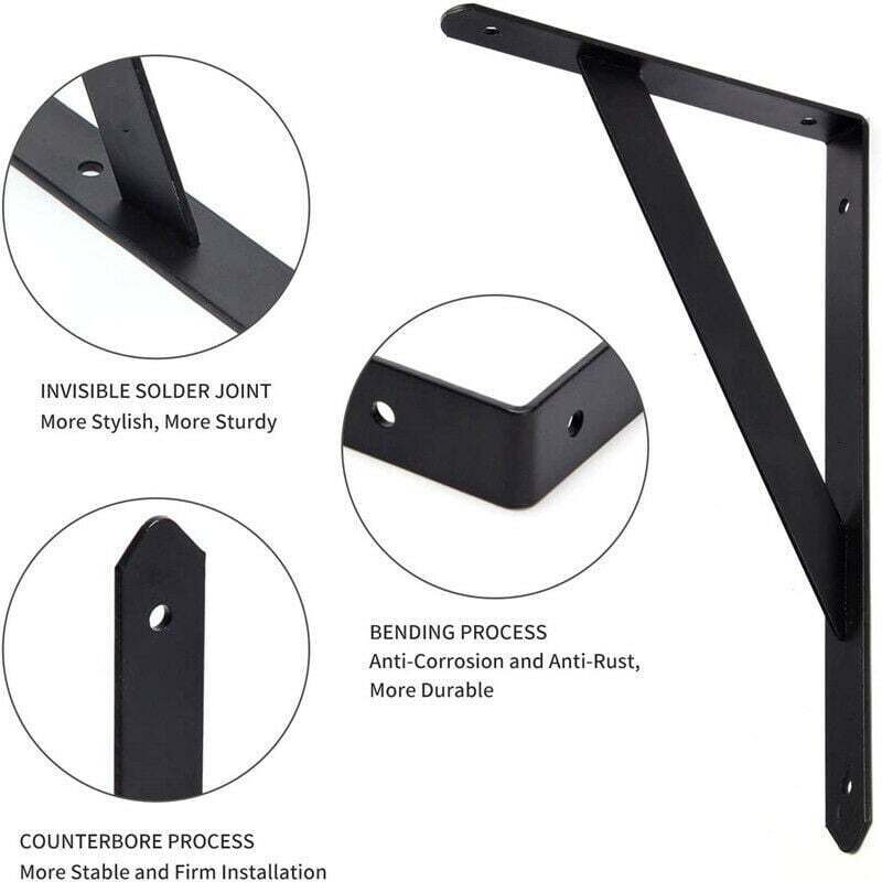 BR-Vie Equerre Etagere Murale, 8 Pcs Supports Triangulaires de 90 Degrés en Acier, Équerres Étagères 200mm x 120mm, Support d'angle Brace (Noir)- 3