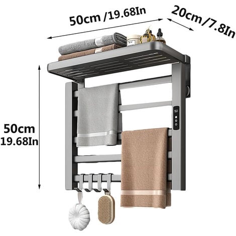 Sèche-serviettes électrique, porte-serviettes électrique à affichage numérique 100W 5 pôles, étanche IPX4, 505022 cm, gris mat