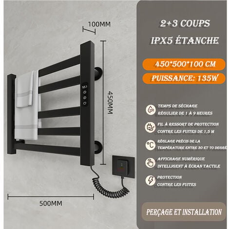 Sèche-Serviettes électrique,Affichage numérique, température réglable,Porte-Serviettes électrique économie d'énergie, R308-noir