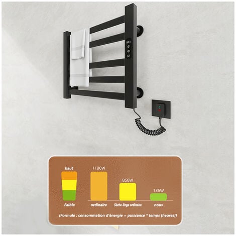 Sèche-Serviettes électrique,Affichage numérique, température réglable,Porte-Serviettes électrique économie d'énergie, R308-noir