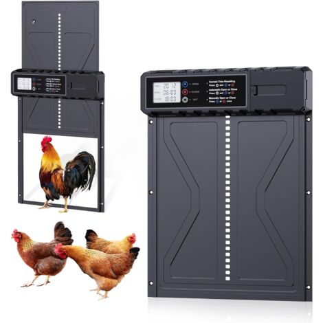Porte Automatique Poulailler, Batterie avec Écran LCD Programmable Étanche, Porte Automatique Poulailler en Aluminium avec Minuterie, Porte Poulailler Automatique, Ouvre-Porte Vertical (Noir)