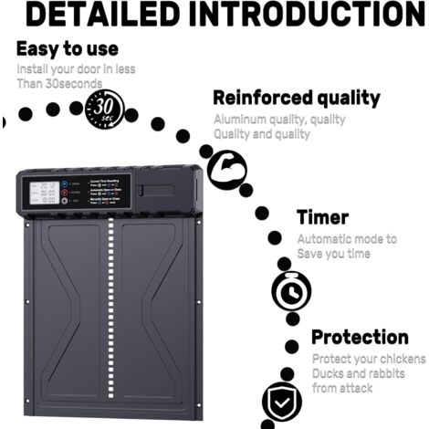 Porte Automatique Poulailler, Batterie avec Écran LCD Programmable Étanche, Porte Automatique Poulailler en Aluminium avec Minuterie, Porte Poulailler Automatique, Ouvre-Porte Vertical (Noir)