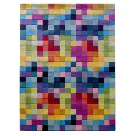 Tapis salon et chambre en laine 200x290 multicolore fait main motif damier AXEL (1/5)