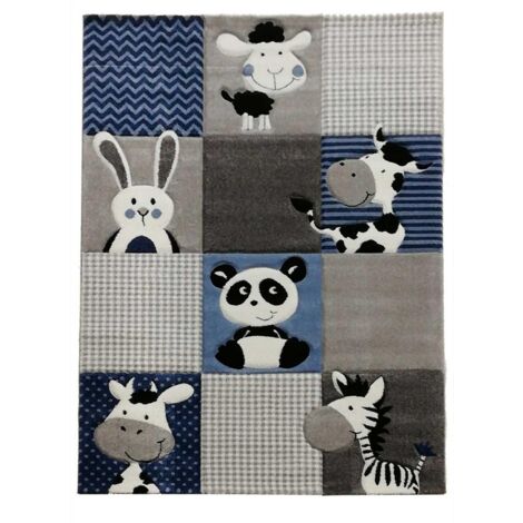 Tapis enfant tissé 160x160 bleu et gris carré motif animaux ZOO