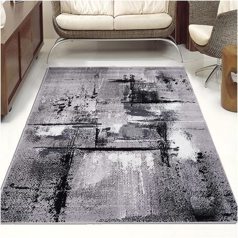 Tapis rectangulaire tissé 80x150 cm gris – Motif abstrait LYN1 – Antistatique et hydrofuge – Pour chauffage par le sol – Unamourdetapis