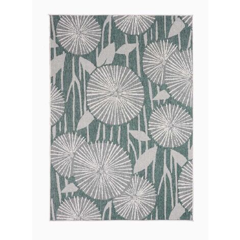 Tapis extérieur kilim réversible 80x150 cm – Polypropylène résistant aux intempéries – Motifs floraux vert et crème – Fabrication belge – Unamourdetapis
