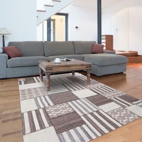 Tapis kilim fait à la main en laine 80x140 ivoire rectangle motif géométrique (1/5)