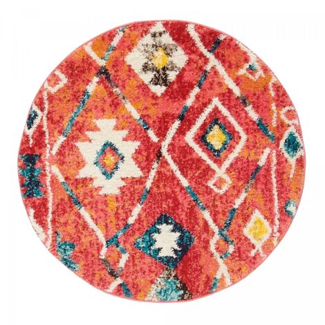 Tapis berbère motifs tribaux Ø100cm bleu et jaune rond LYN5 OURIKA