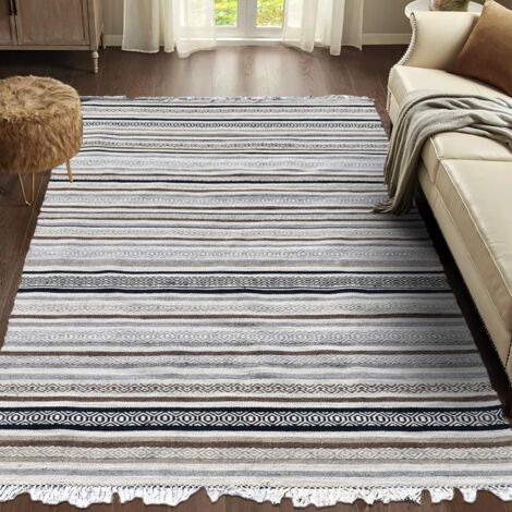 Tapis kilim fait main en laine 80x150 gris rectangle motif scandinave