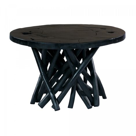 Table basse fait main en bois motif floral ENI 60x60 noir (1/4)