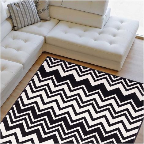 Tapis Chambre 60x110 noir rectangle tissé motif géométrique LYN1 VAGUES