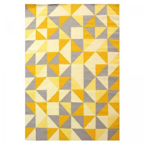 Tapis kilim fait main en laine 200x290 jaune rectangle motif géométrique LYN12 SCANDIN