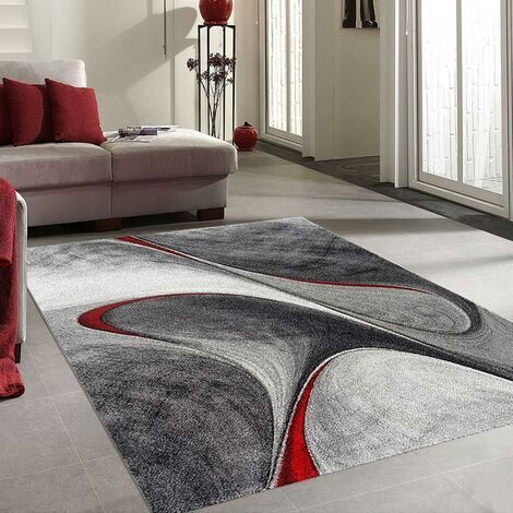 Tapis salon et chambre Ø140cm rouge et gris rond tissé motif géométrique LYN8 MADILA