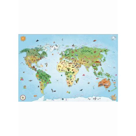 Tapis salon et chambre 70x95 bleu rectangle tissé motif enfant WORLD MAP (1/4)