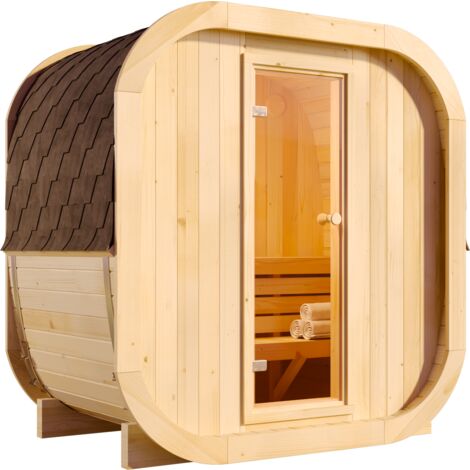 FinnTherm Fasssauna ScandiCube Mini XXS, Moderne Outdoor Sauna inkl. Dacheindeckung und Fußboden, Ø 214 x 130 cm, Ausführung: Unbehandelt, Ohne Fenster