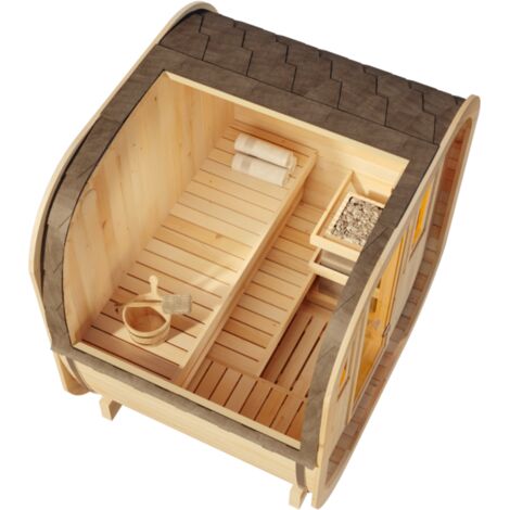 FinnTherm Fasssauna ScandiCube Mini XS Fasssauna 2 Sitzbänke aus Holz, Sauna mit 42 mm Wandstärke, Außensauna mit Montagematerial