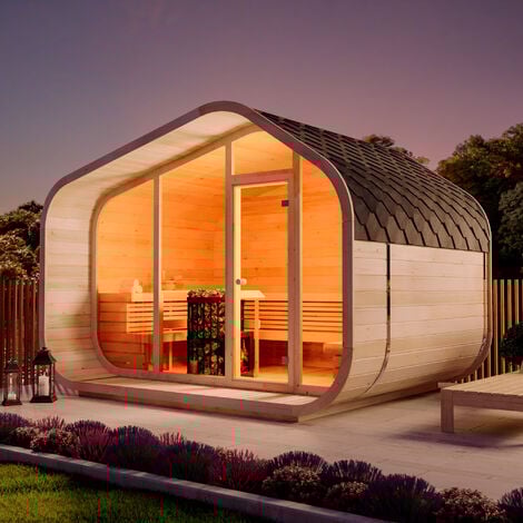 FinnTherm Fasssauna ScandiCube Wave Premium, Outdoor Sauna mit Glasfront, Außensauna - Naturbelassen, Ohne Zwischenwand