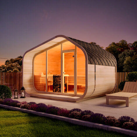 FinnTherm Fasssauna ScandiCube Wave Premium, Outdoor Sauna mit Glasfront, Außensauna - Naturbelassen, Ohne Zwischenwand