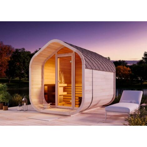 FinnTherm Fasssauna ScandiCube Wave Comfort Fasssauna 3 Sitzbänke aus Holz, Sauna mit 42 mm Wandstärke, Außensauna mit Montagematerial Naturbelassen