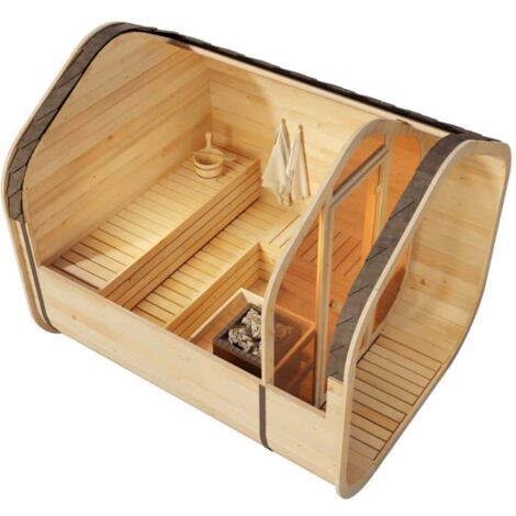 FinnTherm Fasssauna ScandiCube Wave Comfort Fasssauna 3 Sitzbänke aus Holz, Sauna mit 42 mm Wandstärke, Außensauna mit Montagematerial Naturbelassen
