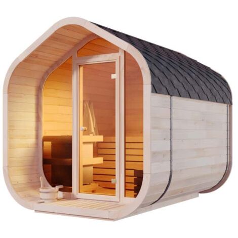 FinnTherm Fasssauna ScandiCube Wave Comfort Fasssauna 3 Sitzbänke aus Holz, Sauna mit 42 mm Wandstärke, Außensauna mit Montagematerial Naturbelassen
