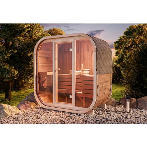FinnTherm Fasssauna Elipso, Moderne Outdoor Sauna inkl. Dacheindeckung, Kompakte Gartensauna mit Glasfront, Außensauna: B 136 x T 119 x H 203 cm, 3 Personen