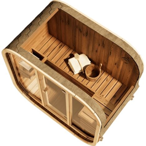 FinnTherm Fasssauna Elipso, Moderne Outdoor Sauna inkl. Dacheindeckung, Kompakte Gartensauna mit Glasfront, Außensauna: B 136 x T 119 x H 203 cm, 3 Personen