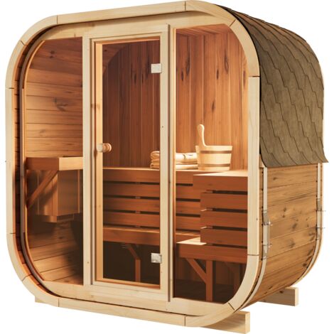 FinnTherm Fasssauna Elipso, Moderne Outdoor Sauna inkl. Dacheindeckung, Kompakte Gartensauna mit Glasfront, Außensauna: B 136 x T 119 x H 203 cm, 3 Personen