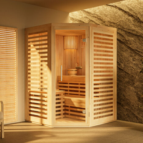 FinnTherm Innensauna Svala, Ecksauna mit Glasfront, 68 mm Wandstärke, 2 Personen
