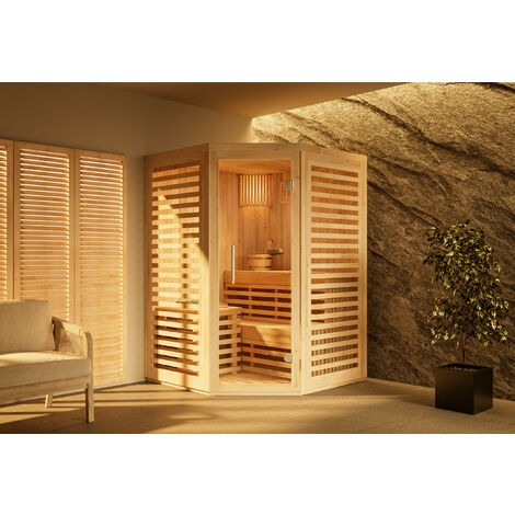 FinnTherm Innensauna Svala, Ecksauna mit Glasfront, 68 mm Wandstärke, 2 Personen