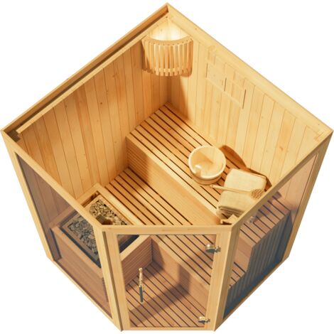 FinnTherm Innensauna Svala, Ecksauna mit Glasfront, 68 mm Wandstärke, 2 Personen