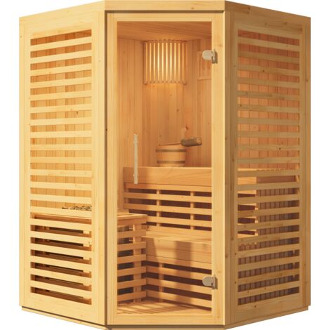 FinnTherm Innensauna Svala, Ecksauna mit Glasfront, 68 mm Wandstärke, 2 Personen