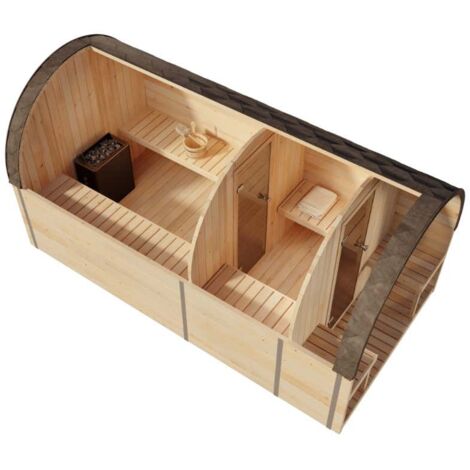 FinnTherm Fasssauna ScandiPod Deluxe Fasssauna 2 Sitzbänke aus Holz, Sauna mit 42 mm Wandstärke, Außensauna mit Montagematerial