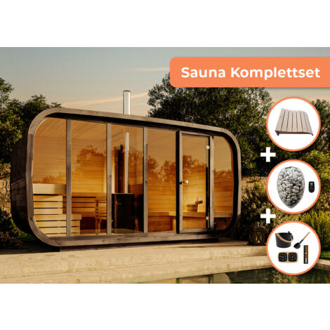 FinnTherm Comfort Set Fasssauna ScandiCube Space Fasssauna 4 Sitzbänke aus Holz, Sauna mit 42 mm Wandstärke, Außensauna mit Montagematerial Naturbelassen
