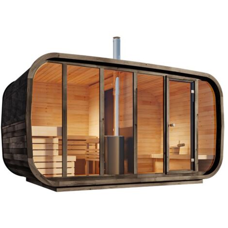 FinnTherm Comfort Set Fasssauna ScandiCube Space Fasssauna 4 Sitzbänke aus Holz, Sauna mit 42 mm Wandstärke, Außensauna mit Montagematerial Naturbelassen