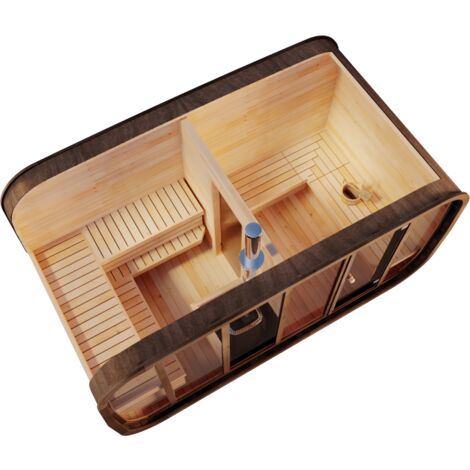 FinnTherm Comfort Set Fasssauna ScandiCube Space Fasssauna 4 Sitzbänke aus Holz, Sauna mit 42 mm Wandstärke, Außensauna mit Montagematerial Naturbelassen