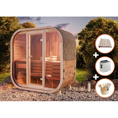 FinnTherm Comfort Set Fasssauna Ellipso M Fasssauna 1 Sitzbänke aus Holz , Sauna mit 42 mm Wandstärke, Außensauna mit Montagematerial
