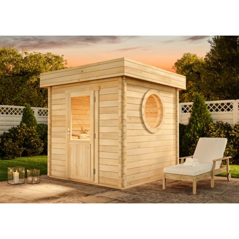 FinnTherm Comfort Set Saunahaus Cubus Gartensauna 3 Sitzbänke aus Holz, Sauna mit 70 mm Wandstärke, Außensauna mit Montagematerial Naturbelassen