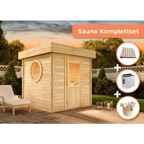 FinnTherm Comfort Set Saunahaus Cubus Gartensauna 3 Sitzbänke aus Holz, Sauna mit 70 mm Wandstärke, Außensauna mit Montagematerial Naturbelassen
