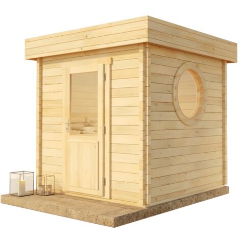 FinnTherm Comfort Set Saunahaus Cubus Gartensauna 3 Sitzbänke aus Holz, Sauna mit 70 mm Wandstärke, Außensauna mit Montagematerial Naturbelassen