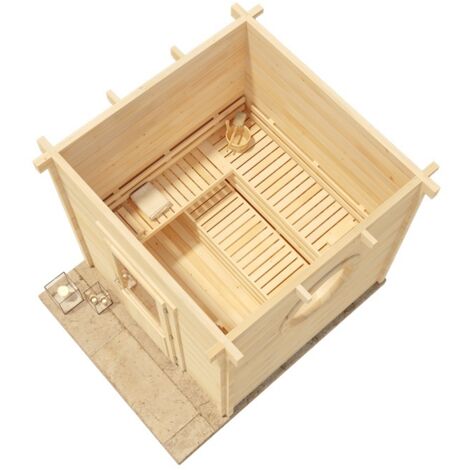 FinnTherm Comfort Set Saunahaus Cubus Gartensauna 3 Sitzbänke aus Holz, Sauna mit 70 mm Wandstärke, Außensauna mit Montagematerial Naturbelassen