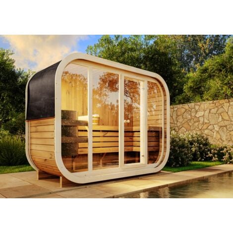 FinnTherm Comfort Set Fasssauna Ellipso L Fasssauna 2 Sitzbänke aus Holz , Sauna mit 42 mm Wandstärke Außensauna Naturbelassen