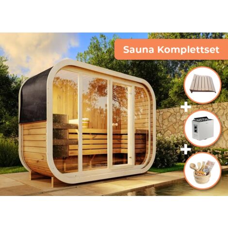 FinnTherm Comfort Set Fasssauna Ellipso L Fasssauna 2 Sitzbänke aus Holz , Sauna mit 42 mm Wandstärke Außensauna Naturbelassen