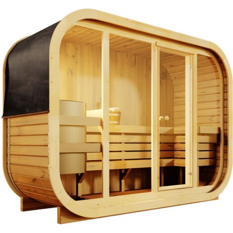 FinnTherm Comfort Set Fasssauna Ellipso L Fasssauna 2 Sitzbänke aus Holz , Sauna mit 42 mm Wandstärke Außensauna Naturbelassen