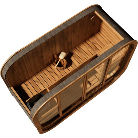 FinnTherm Comfort Set Fasssauna Ellipso L Fasssauna 2 Sitzbänke aus Holz , Sauna mit 42 mm Wandstärke Außensauna Naturbelassen