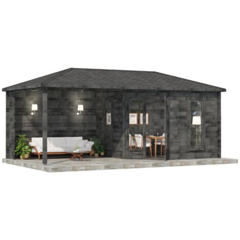 FinnTherm 5-Eck Saunahaus Liwa Gartensauna 3 Sitzbänke aus Holz in Grau, Sauna mit 28 mm Wandstärke Außensauna Imprägniert Grau