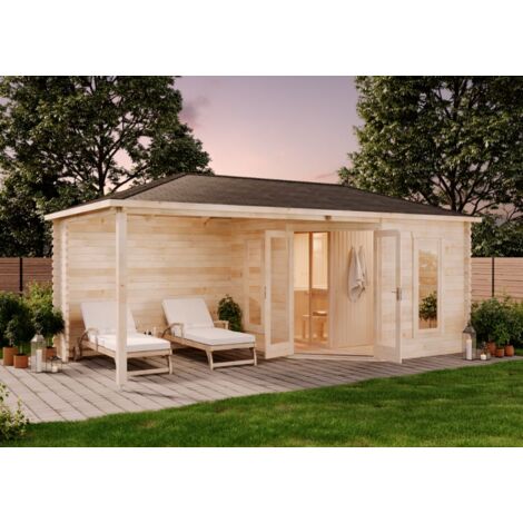 FinnTherm 5-Eck Saunahaus Liwa Gartensauna 3 Sitzbänke aus Holz in Grau, Sauna mit 28 mm Wandstärke Außensauna Imprägniert Grau