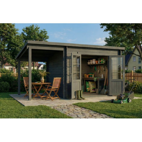 Alpholz Pultdach Gartenhaus Maria mit Schleppdach Gartenhaus aus Holz in Grau, Holzhaus mit 28 mm Wandstärke inklusive Schleppdach, Blockbohlenhaus mit Montagematerial