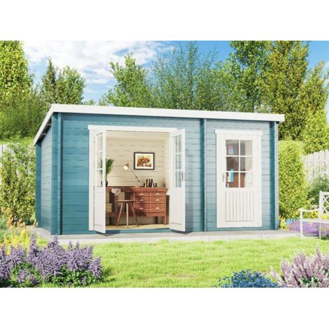 Alpholz Pultdach Gartenhaus Maria mit Anbau Gartenhaus aus Holz in Grau, Holzhaus mit 40 mm Wandstärke, Blockbohlenhaus mit Montagematerial